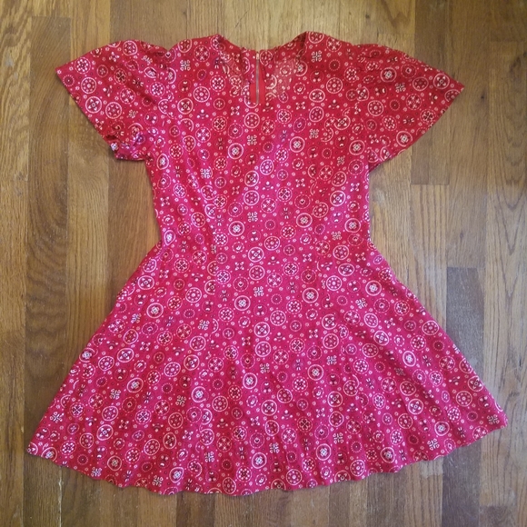 Vintage 70s Handmade Kids Red Bandana Fit & Flair Dress Zip Back Cap Sleeves. - Picture 5 of 10
